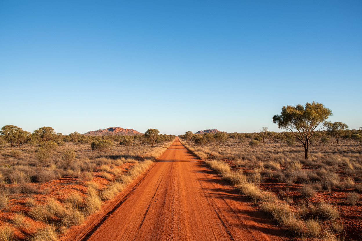image of the australian outback with a long red dirt road.