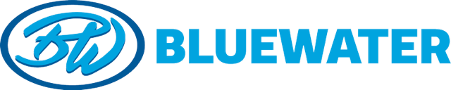 BlueWater logo with blue text and circular design