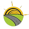 Logo with a sun, road, and green field