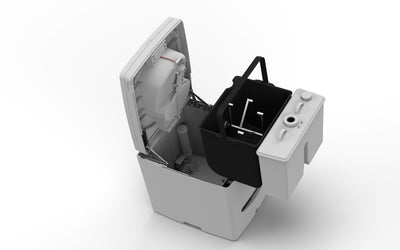 Exploded view of Compo Closet Australia's Cuddy composting toilet, a portable toilet for caravans and off-grid living.