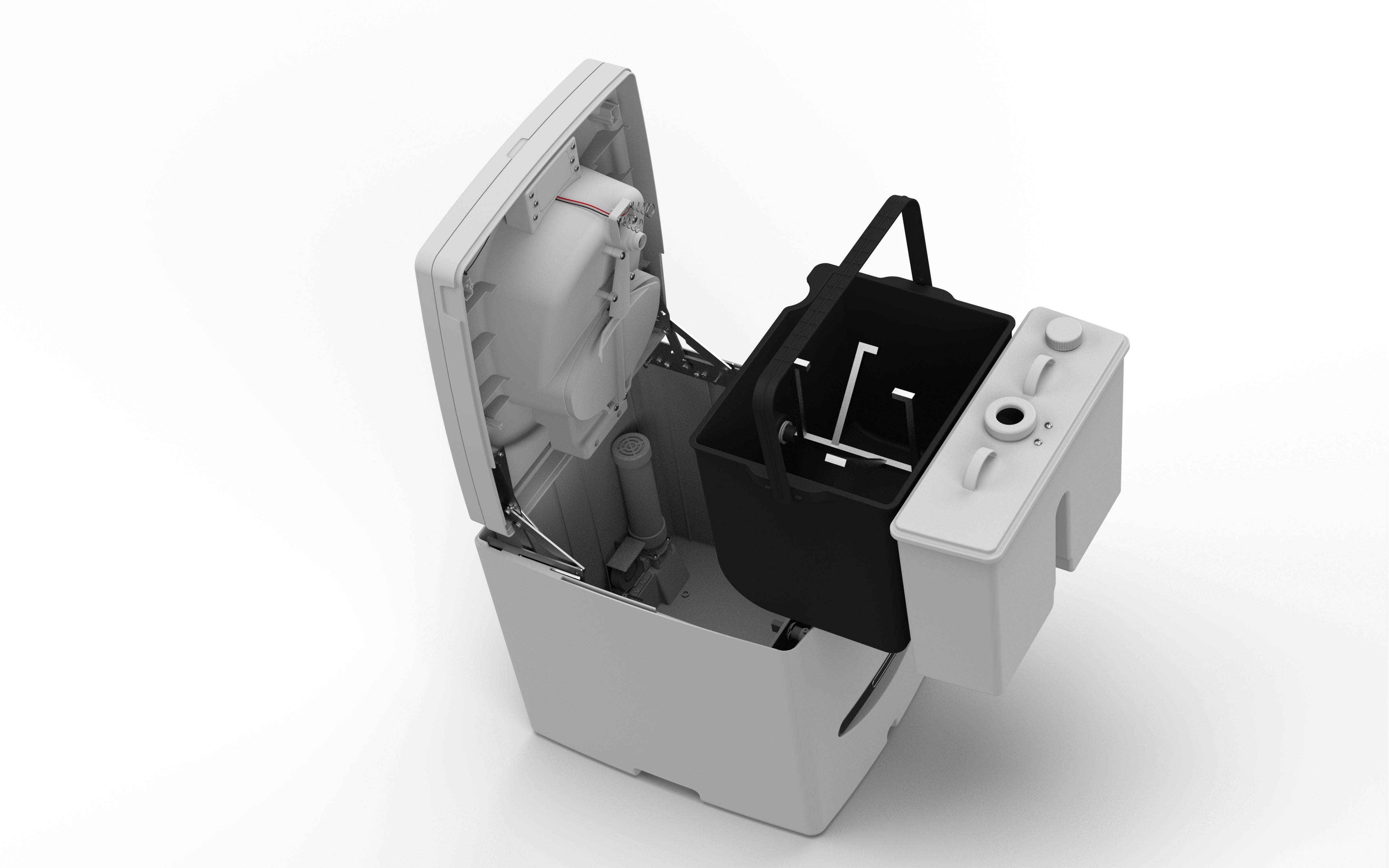 Exploded view of Compo Closet Australia's Cuddy composting toilet, a portable toilet for caravans and off-grid living.