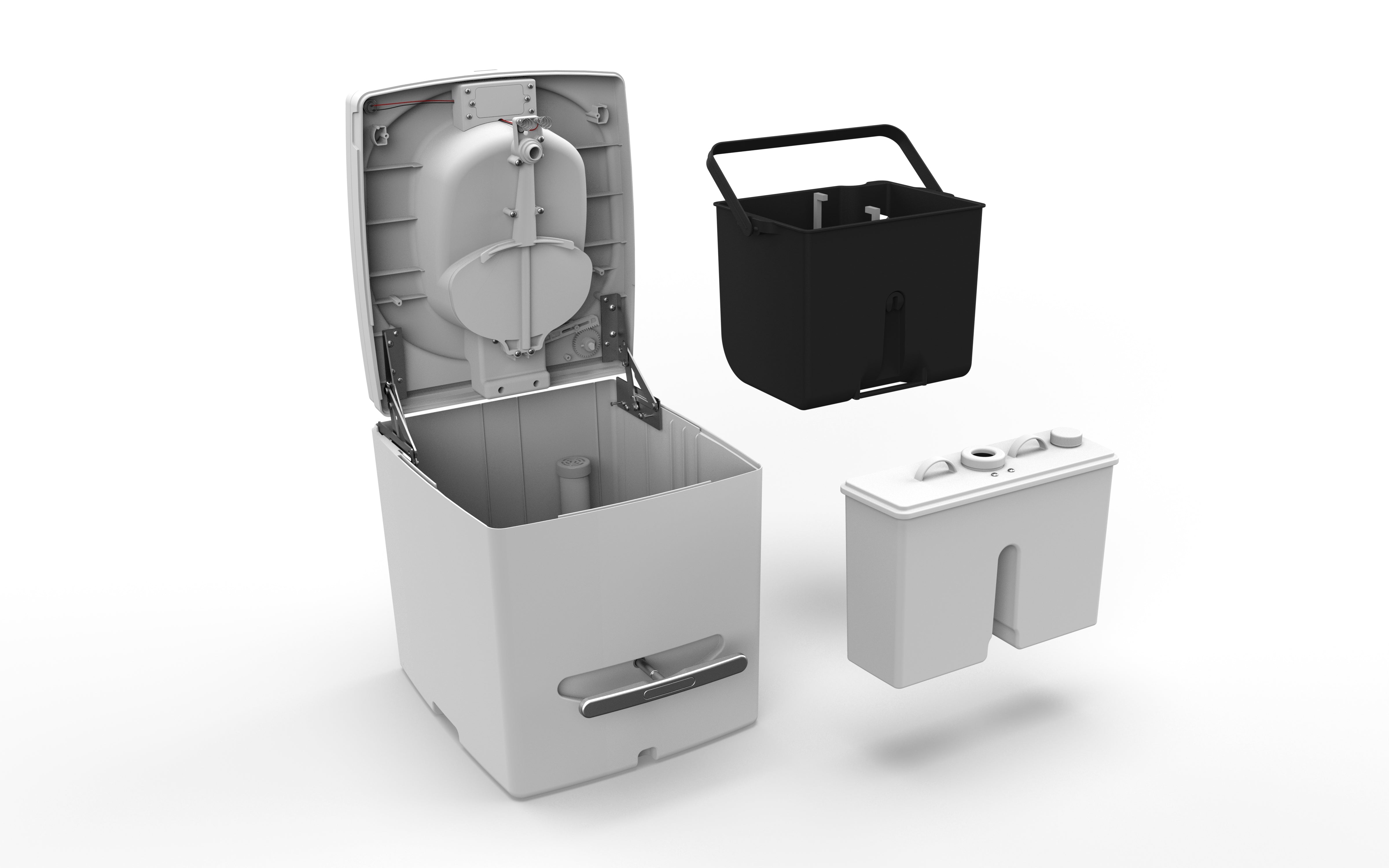 Exploded view of Compo Closet Australia's Cuddy composting toilet for caravans and off-grid living, showing internal components.